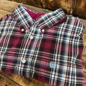 Cinch Long Sleeve Button Down Shirt Mens M Red Plaid Purple Flip Cuff Western